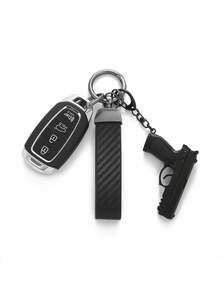 Juego de colgante desmontable con forma de pistola y llavero de coche con textura de fibra de carbono, accesorios de coche geniales, regalo de fiesta de moda - Hebilla de pistola + fibra de carbono negra - Ver 2