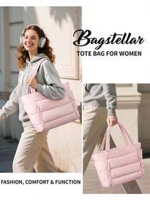 Puffer Tote Bag Women, Lightweight Puffy Work Handbag Teacher Nurse Quilted Shoulder Bag School Travel Gym - Hồng - Xem 9