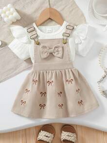Ribbed Flutter Sleeve Inner Top + Bow Embroidery Suspender Skirt, Girls Gentle Preppy Style Daily Outfit - Apricot - View 3
