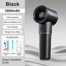 Galetime GT05 Handheld Fan With Time Display & 5000mAh/3500mAh Battery - USB-C Rechargeable Portable Mini Fan, Dual Power Options, Long-Lasting Cooling For Travel, Office, Outdoor Use - GT05-黑色-3500 - 查看 3
