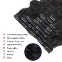 BINF Body Wave Clip In Human Hair Extensions 120g/Set Clips In Extension Full Head Brazilian Clip On Hair Extension For Women Mother's Day Gift - Natural Black - 查看 3
