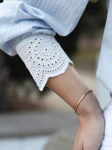 Spring/Summer New Arrival French Style Light Blue Striped Lace Patchwork Hollow Out Collar Blouse For Women - Light Wash - View 5