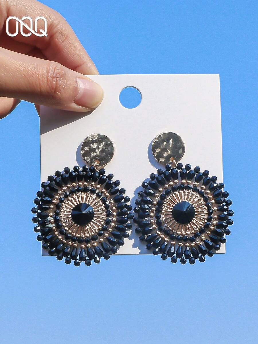 1对手工波西米亚风圆形串珠耳环，时尚优雅简约，适合各种节日、情人节、新年、复活节派对等场合，是送给爱人的百搭珠宝礼物（手工串珠，颜色、位置和数量随机）。 - 黑色 - 查看 1