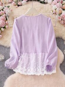 Women's Sweet Bowknot Round Neck 3/4 Sleeve High Waist Embroidered Patchwork Blouse, Tops, Spring Tops, Summer Tops Vacation - Mauve Purple - View 3