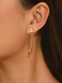 一对新款复古波西米亚风夸张时尚金鱼海星朋克做旧合金仿珍珠鱼骨吊坠耳环，多种款式，适合女性夏季海滩派对 - 金色 - 查看 2