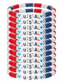 Set de 12 piezas de pulseras elásticas de arcilla suave con cuentas de letras de estilo country en colores variados, adecuadas para la Copa del Mundo, regalos, uso diario - Multicolor - Ver 5