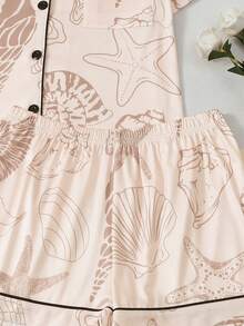 2pcs Set Women Pajama Set With Soft Pink Seashell Print, Short Sleeve Lapel Collar Button Front Top And Elastic Waist Shorts, Spring/Summer Homewear - 杏色 - 查看 6