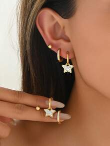 一套复古不锈钢微镶钻石星形吊坠耳环，百搭日常佩戴，适合女性 - 多色 - 查看 1