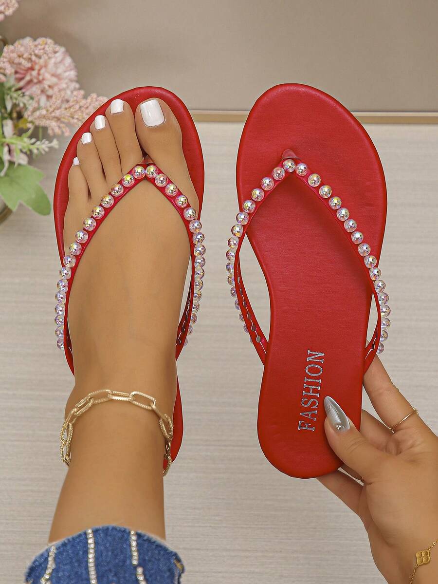 1 Pair Women's New Minimalist Fashion Beaded Flat Thong Sandals, Classic Versatile Beach Slippers, Elegant Summer Outdoor Wear