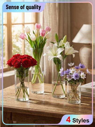 1 套透明玻璃圆柱花瓶/花瓶，商业展示风格，适用于精品零售展示柜、花店橱窗展示、礼品店货架、艺术画廊生活方式展览、酒店大堂装饰、酒店客房用品、水疗休息室布置、茶馆装饰、咖啡桌点缀、餐厅餐桌、公司接待区、联合办公空间装饰、贸易展览会展位展示、婚礼场地装饰、活动大厅布置、面包店展示、书店角落装饰、美容院等候区。