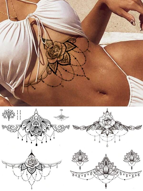 4 Sheets Under Breast Thigh Straps Body Art Temporary Tattoo Stickers For Women, Black Flower Jewelry Lace Totem Style Pattern, Waterproof Fake Tattoo, Lasts 2-5 Days, Covering Scars,Can Be Used On Arms Wrist Shoulders Legs Waist Neck Hand Chest Thighs,Suitable For Parties, Gifts, Vacations, Body Decoration Summer Beach Swimsuit Matching