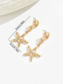 1 Pair Ocean Style Rhinestone Inlaid Starfish & Seashell Earrings, Suitable For Beach Vacation And Daily Wear - Gold - View 5