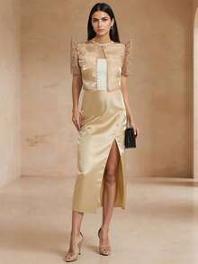 1pc Modern Filipiniana Top With Butterfly Sleeves, Button-Up Short Sleeve Cardigan Blouse For Women, Suitable For Festivals, Weddings, Office - Champagne - View 3