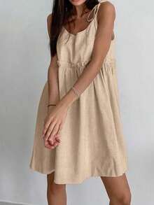 Women's Casual Suspender Mini Skirt, Tie Shoulder Strap + Ruched Waist Design, Loose Flowy Dress, Suitable For Festivals, Parties, Weddings, Dates, Spring/Summer - Brown - View 6