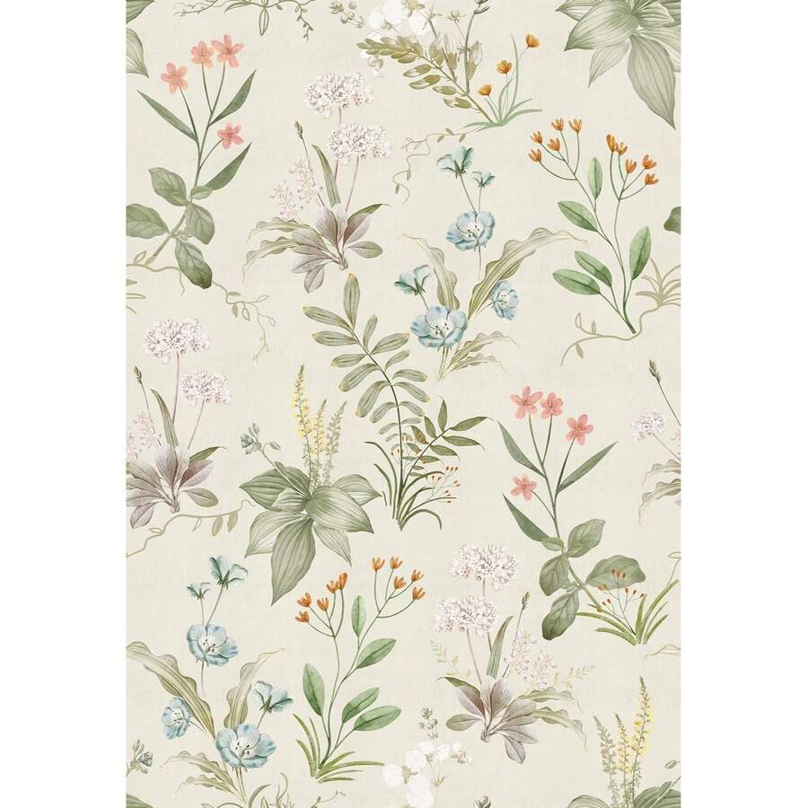Vintage Style Beige Floral Pattern Self-Adhesive Wallpaper, Removable Damage Free Wildflower Plant Pattern Wallpaper, Suitable For Renters - 1PC - View 1