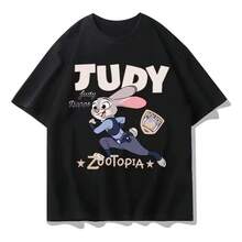 Pure Cotton T-Shirt Camiseta De Manga Corta Disney Zootopia Anime Nick Judy,Round Neck Short Sleeve, Perfect For Summer, Birthday Or Easter Gift,Graphic Tees,Y2k Clothes,Men Summer Outfits,Street Wear,Back To School,Funny Shirts,Men Vacation,Playeras De Hombre,,1 Piece,Family Matching Outfits, Suitable For All Seasons - 黑色 - 查看 1