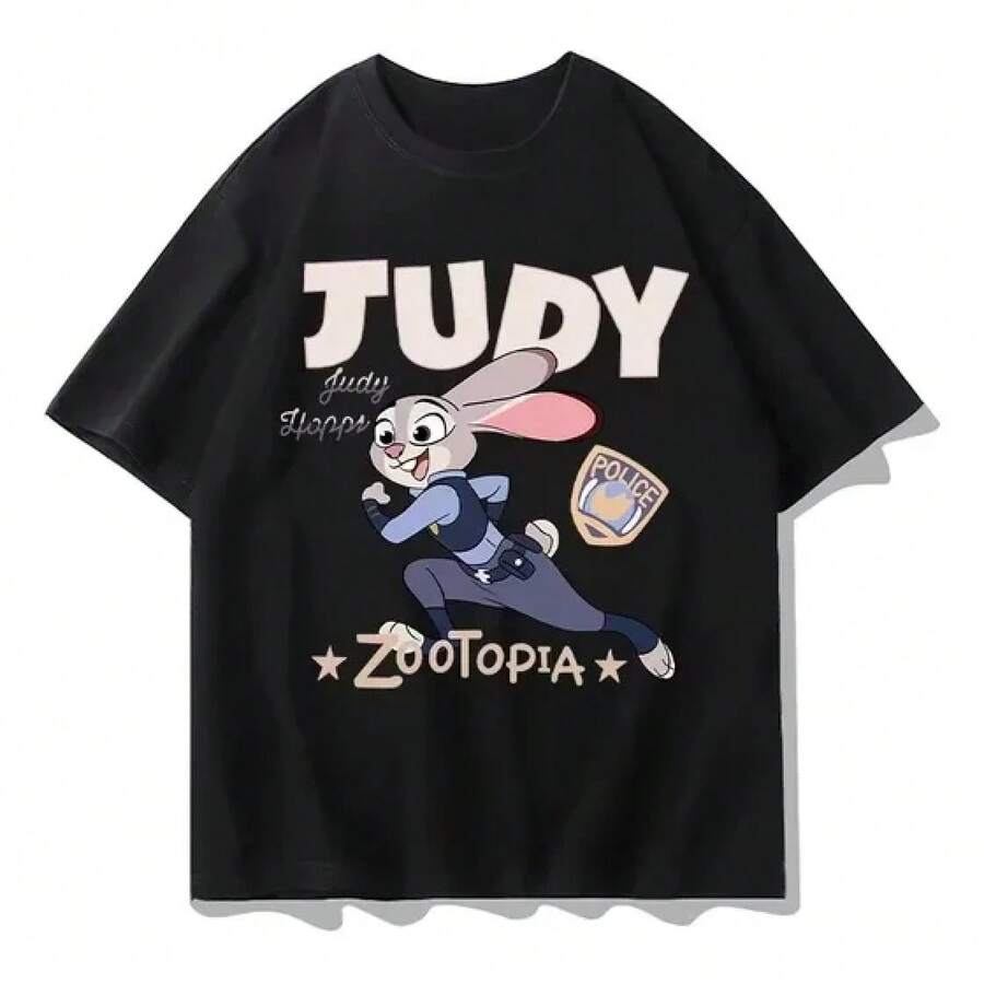 Pure Cotton T-Shirt Camiseta De Manga Corta Disney Zootopia Anime Nick Judy,Round Neck Short Sleeve, Perfect For Summer, Birthday Or Easter Gift,Graphic Tees,Y2k Clothes,Men Summer Outfits,Street Wear,Back To School,Funny Shirts,Men Vacation,Playeras De Hombre,,1 Piece,Family Matching Outfits, Suitable For All Seasons - 黑色 - 查看 1