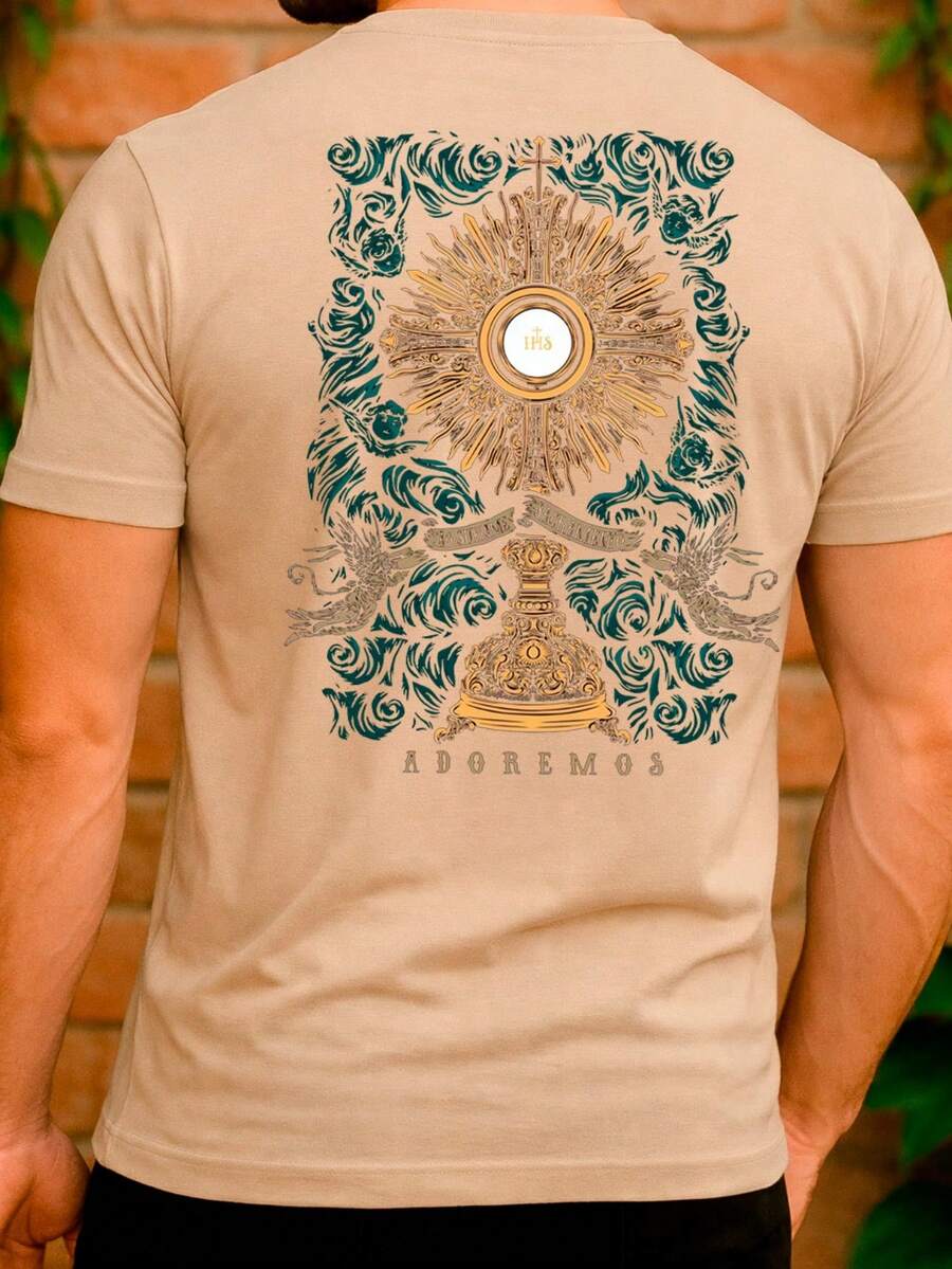 Eucharist T-Shirt, Adore, Religious, Catholic, Christian, Church, Prayer, Communion, Basic, Unisex, 100% Premium Cotton – Men's And Women's | Casual, Streetwear, Plus Size, New Arrival With Immediate Shipping In Various Colors - 卡其色 - 查看 1