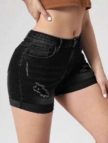 Black Elastic Skinny Ripped Shorts, Casual Denim Washed Jeans Shorts For Women, Suitable For Home, Daily Wear, Spring/Summer/Autumn - Black - View 3