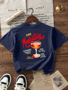 Women's Summer The Manhattan Cocktail Back Print Oversized Tee Crew Neck Short Sleeve Casual Top - Navy Blue - View 4