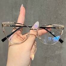1pc Women's Fashion Plain Glasses 2024 New Vintage   Simple Exquisite Light Luxury Style High-End Cat-Eye Rhinestone Plain Glasses With Decorative Metal Hinges, Suitable For Daily Decoration And Versatile Use - Khung C2 màu đen xanh - Xem 8