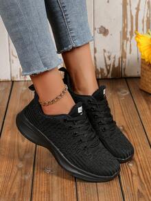 Women's Breathable Mesh Lace-Up Sports Shoes With Fishscale Pattern, Minimalist Design Suitable For Outdoor Activities - Black - View 6