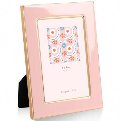4x6 Enamel Picture Frame With Gold Metal Edge, HD Tempered Glass Photo Frame With Velvet Back & Easel Stand For Wall Or Tabletop Display Family Office Photo Gallery, Pink