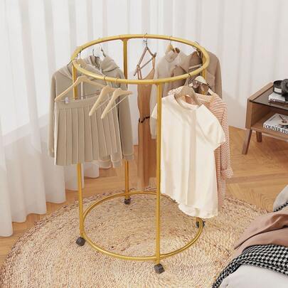 1 قطعة رف تجفيف ملابس دائري سميك متحرك، قائم بذاته على عجلات، حامل تجفيف سهل الاستخدام، متوفر باللون الذهبي والأسود والأبيض، رف تجفيف متعدد الطبقات متعدد الوظائف من المعدن والبولي بروبلين مع عجلات - مناسب لتخزين وعرض الملابس في المنازل والمساحات التجارية، رف تجفيف للشرفة، رف عرض ملابس متحرك على عجلات، قابل للاستخدام في الغرف والصالات المعيشية والشرفات والمكاتب