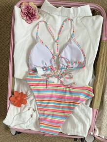 Bộ bikini hai mảnh hở lưng, buộc cổ, nhiều màu sắc kẻ sọc, thời trang mùa hè dành cho nữ, thích hợp cho bơi lội, kỳ nghỉ, bãi biển, du thuyền và các dịp khác. - Nhiều màu - Xem 4