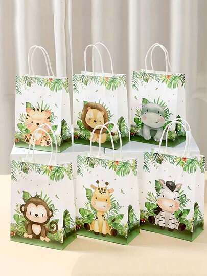 6pcs Jungle Animal Theme Paper Gift Bags, Green Forest Party Gift Packaging Bags, Suitable For Jungle Animal Theme Party, Birthday Celebration, Baby Shower Party Supplies, Graduation Ceremony And Wedding, Perfect For Party Gift Packaging.