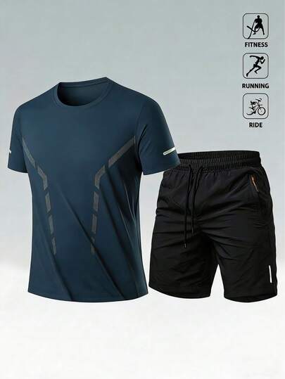 Conjunto masculino de verão casual para esportes ao ar livre, corrida e treino, com camiseta e shorts de secagem rápida.