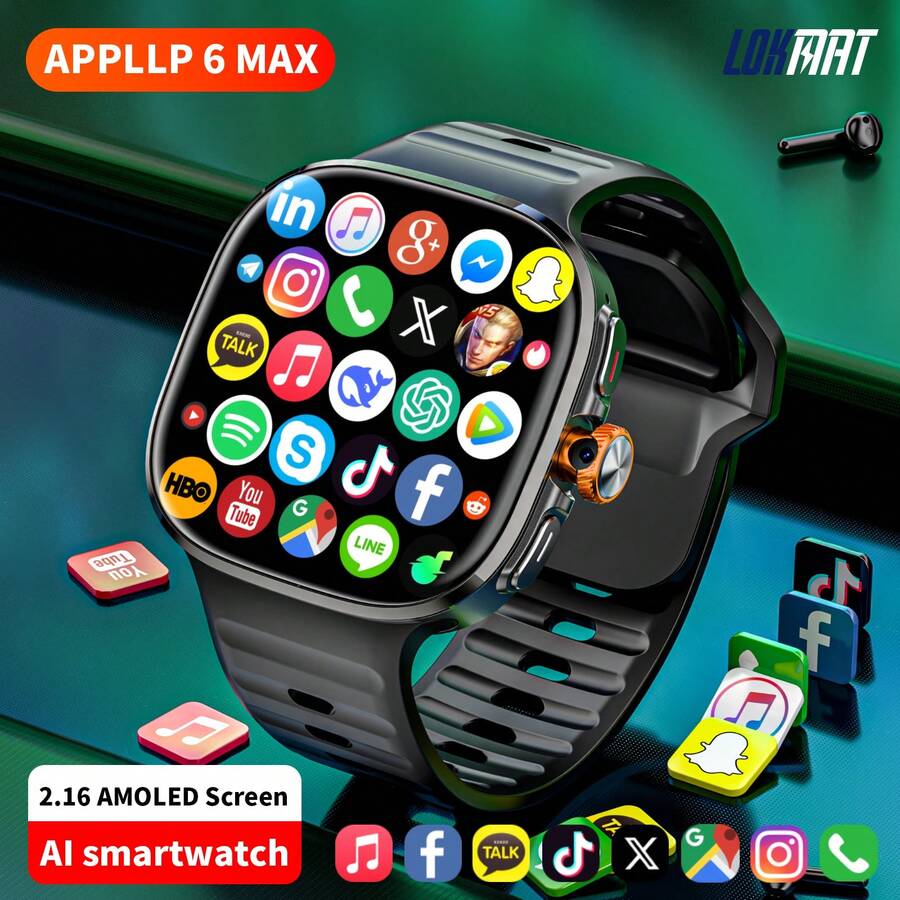 Reloj inteligente LOKMAT APPLLP 6 MAX AI con ChatGPT y DeepSeek, pantalla AMOLED de 2.16 pulgadas con resolución de 480 * 480, RAM: 3GB + ROM 32GB, compatible con tarjeta SIM 2G/3G/4G/5G, perilla extraíble 180°, cámara HD, acceso a Wi-Fi e Internet, descarga de aplicaciones, monitoreo de frecuencia cardíaca y oxígeno en sangre, reloj Android