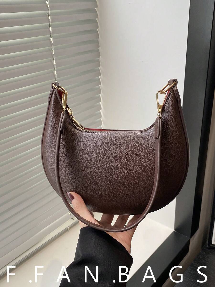Bolso de mano mini en forma de media luna de , 1 pieza, unicolor con decoración de cadena en relieve, material PU, bolso de hombro elegante y portátil con cremallera, adecuado para viajes y uso diario de niñas - Café - Ver 1