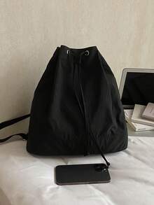 Lightweight Drawstring Backpack, Large Capacity Minimalist Outdoor Bag - Black - View 2