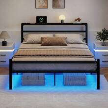 Twin/ Full/ Queen Size Bed Frame With LED Lights, Metal Bed Frame With Charging Station, Headboard Storage Shelf, Heavy Duty Metal Slats, No Box Spring Needed, Noise Free, Easy Assembly, Black ( USB LED Strip) - Black - View 11