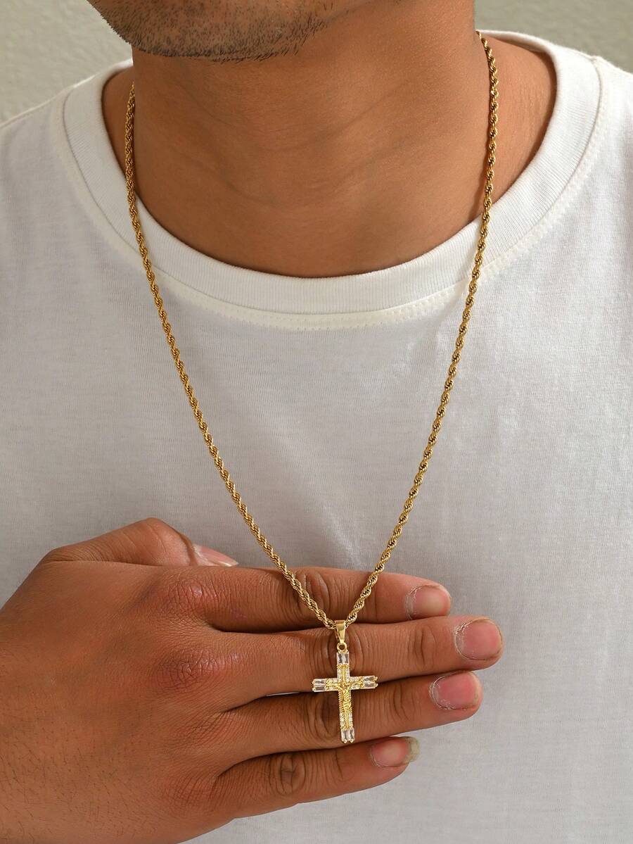 1 pieza Collar de acero inoxidable chapado en oro de 18K con colgante de cruz de Jesús con rhinestones, elemento cristiano, regalo de joyería de moda para hombres, longitud de 60 cm - Dorado - Ver 1