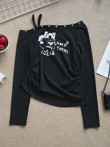 Áo len nữ dáng rộng vai, in chữ và hoa, tay dài, ngọt ngào và dễ thương, màu đen, thích hợp cho mùa thu/đông xuân. - màu đen - Xem 5
