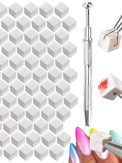 Esponja suave con un bolígrafo de agarre, diseñada para degradado y arte de uñas de halo; incluye un cepillo; kit de herramientas y accesorios de arte de uñas profesional; paquete de 100