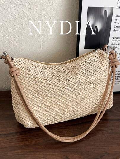 1PC Minimalist Woven Straw Crossbody Bag For Women, Lightweight Paper Straw Shoulder Bag, Casual Beach Vacation Purse, Boho Textured Clutch With Adjustable Strap