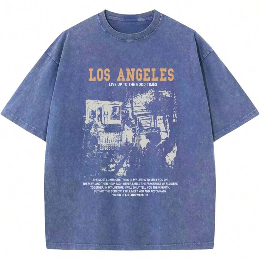 Oversized Graphic Tshirts For Men Acid Wash Los Angeles Vintage Tees Streetwear Baggy Cotton Shirts Casual Topssummer Outfits For Women - 藍色 - 查看 1