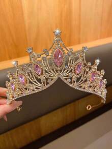 1pc Rhinestone Crown Tiara, Elegant Style Fashion Hair Accessory For Birthday Party Or Performance - Pink 2 - View 7