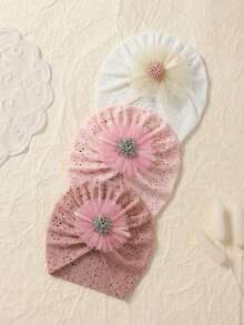 3pcs Baby Mesh Flower Hat Set, Hollow Textured Infant Fontanel Cap, Cute Girl Headwear, Maternity & Baby Accessories, Suitable For All Seasons - Multicolor - View 3