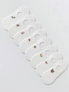 1/5双随机女士白色卡通动物、蝴蝶结、花朵图案硅胶防滑透气吸汗休闲浅口隐形船袜 - 彩色 - 查看 6