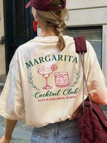 女士宽松沙滩牛仔效果T恤，柔软透气圆领，印有“Margaret Cocktail Club Save Water Drink Margarita”图案，INS夏季街头风，适合海滩度假、泳池派对、单身派对和闺蜜聚会等休闲场合。 - 杏色 - 查看 5