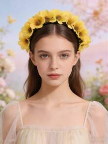 1pc Daisy Flower Headband, Floral Hair Accessory For Girls, Outdoor, Photography Props - Yellow - View 2