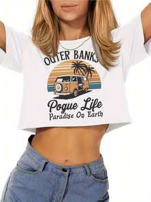 100%Outer Banks Women'S Lose Fit Crop Top T-Shirt - Pogue Life Paradise On Earth Vintage Surf & Beach Design, Short Sleeve Round Neck Casual Summer Tee With Surfboard & Palm Tree Graphic, Coastal Vibes For Casual Attire & Outer Banks Lifestyle Apparel,Sporty Oversized Cropped Top For Women,Mother's Day Gift Cropped Top,Game Day Outfit,World Cup Clothing,Summer  Cropped Top For Women. - 白色 - 查看 7