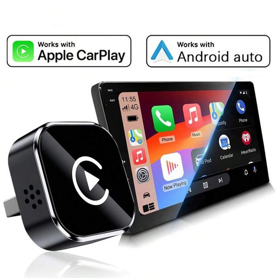 2025款有线转无线CarPlay适配器，二合一迷你智能盒，即插即用，支持无线Android Auto车载连接，适用于原车有线CarPlay和有线Android Auto。