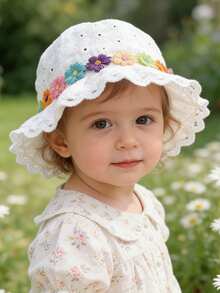 1pc Baby White Hollow Out Hat With Colorful Floral Embroidery, Suitable For Daily Wear And Photo Shooting - 1PC - View 3