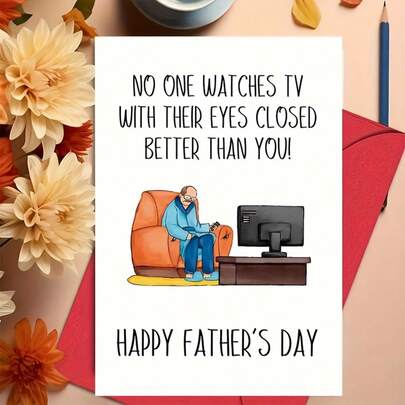 1 Tarjeta de Día del Padre humorística con sobre: "Nadie ve la televisión con los ojos cerrados mejor que tú" - Perfecta para padres, esposos, padres primerizos y cumpleaños - Tarjeta de papel con una ilustración de televisión juguetona | Regalo para amantes de la televisión | Mensaje ingenioso | Incluye sobre premium