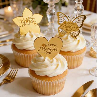 24/12/3pcs Gold Mirror Acrylic Cup Decor - Butterfly, Star And Heart Combination, Mother's Day Gift